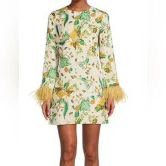 Antonio Melani White Floral Linen Dress, Feather Cuff Detail, Size 4 - Picture 1 of 12